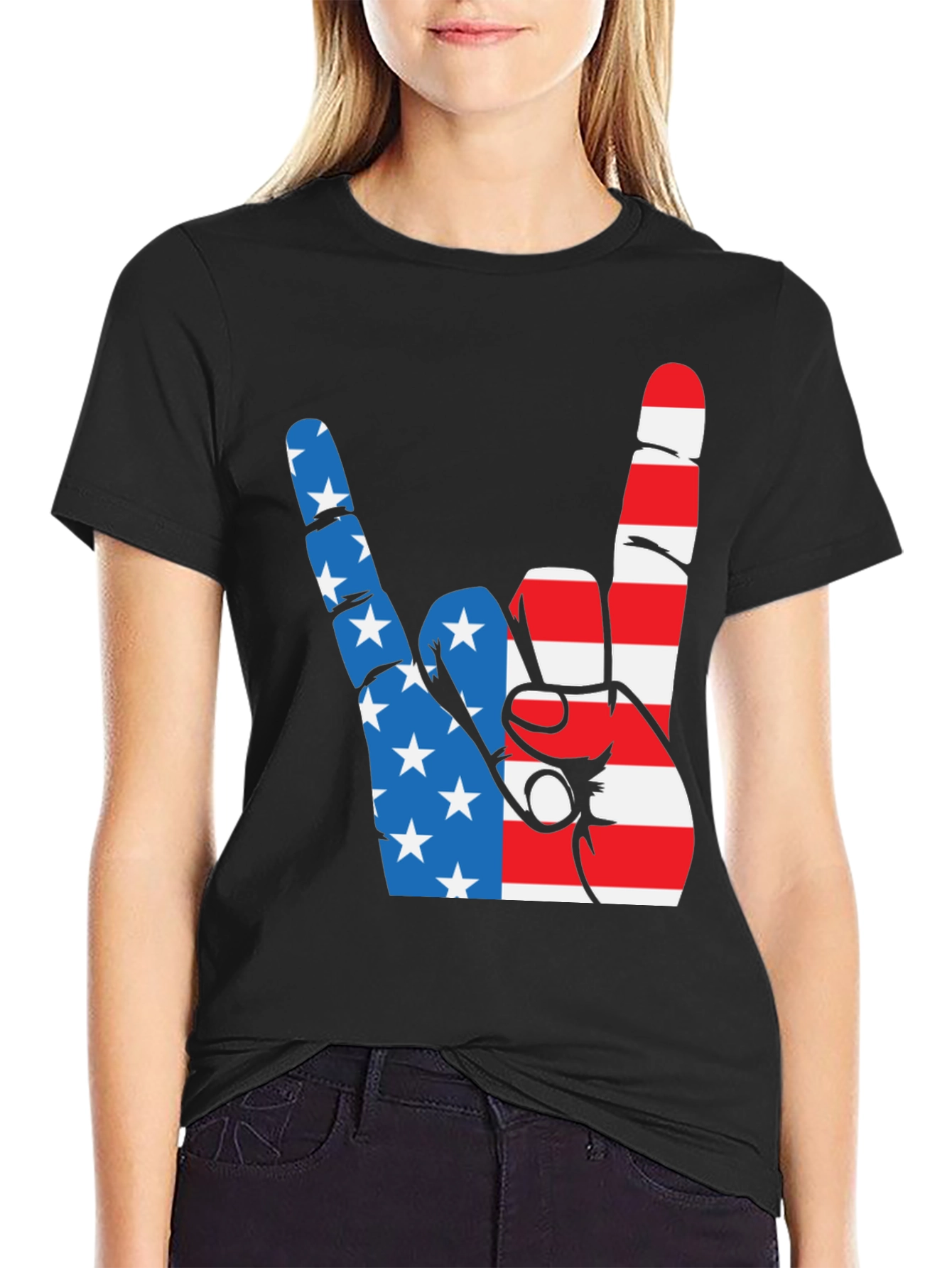 Patriotic Rock On Graphic Tee - USA Hand Sign