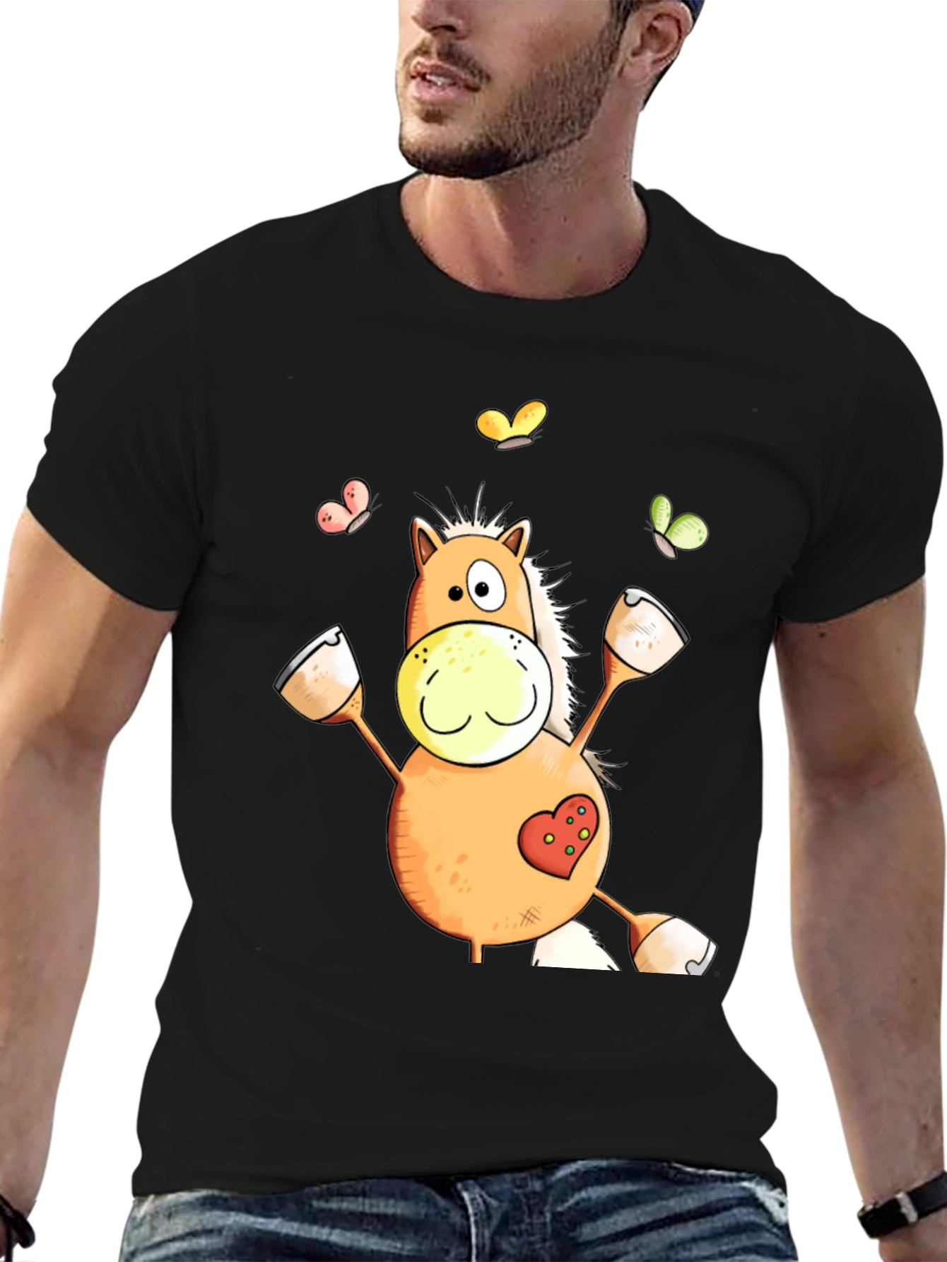 Horse Cartoon Graphic Black T-Shirt