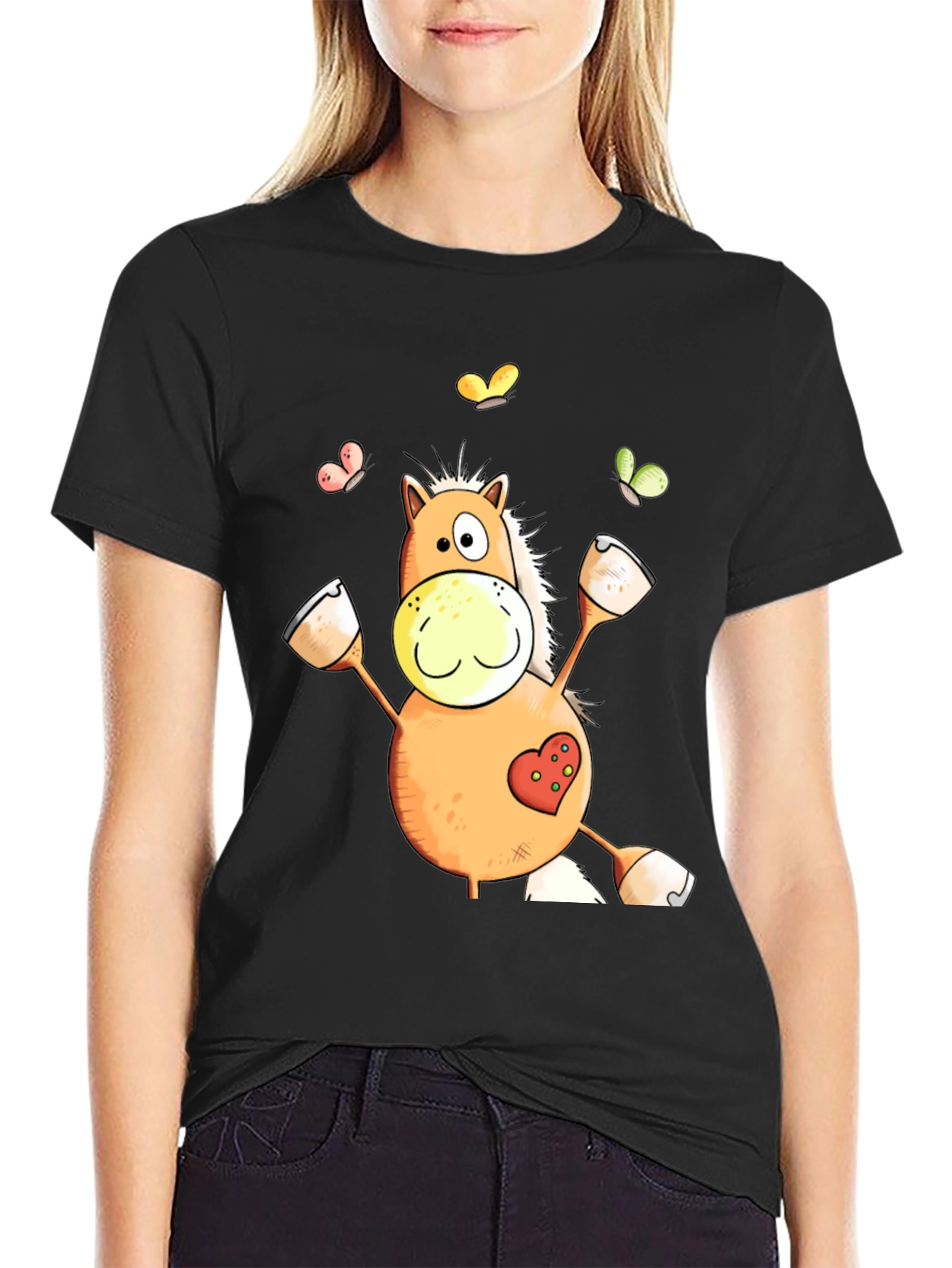 Horse Cartoon Graphic Black T-Shirt