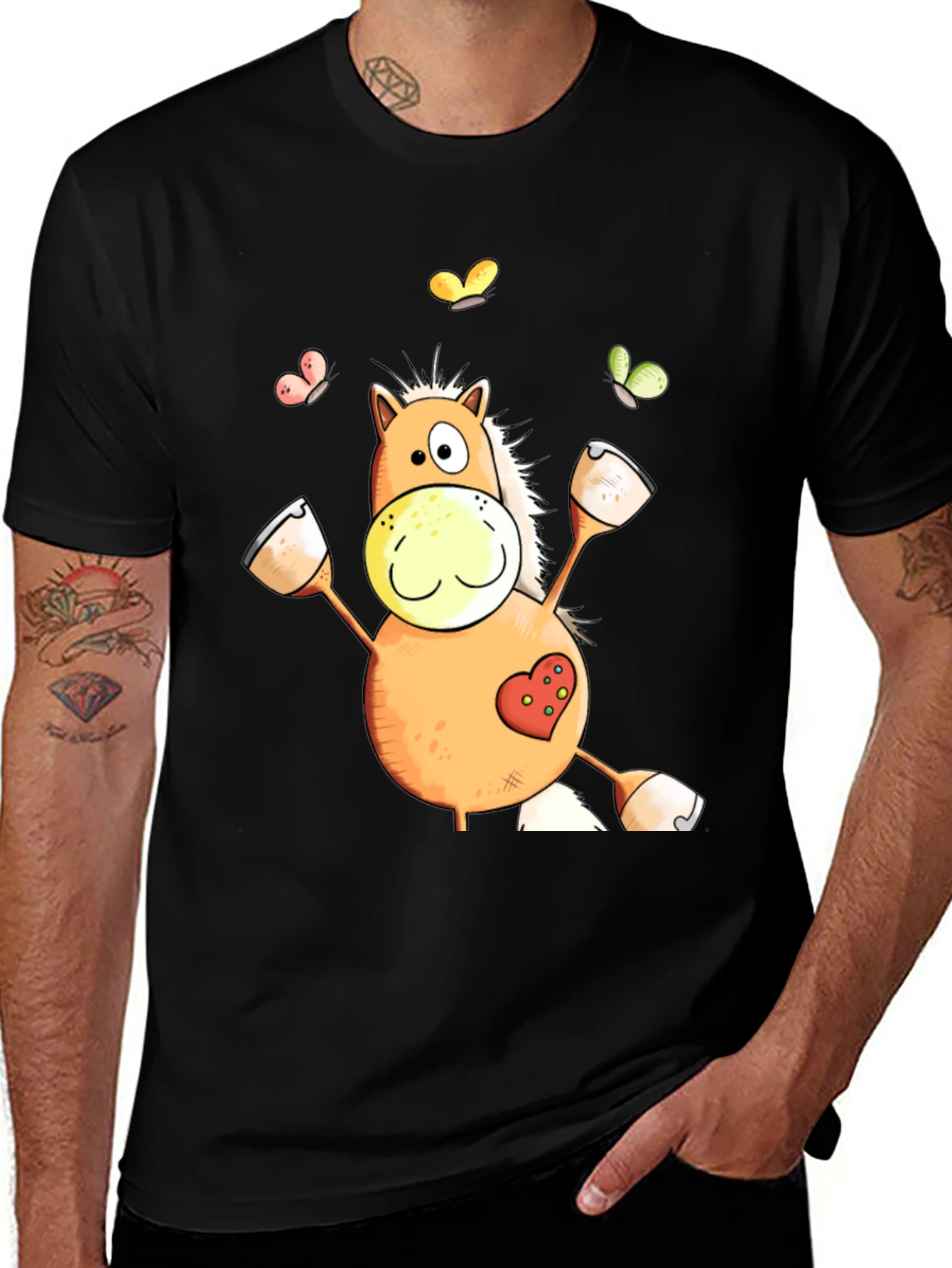 Horse Cartoon Graphic Black T-Shirt