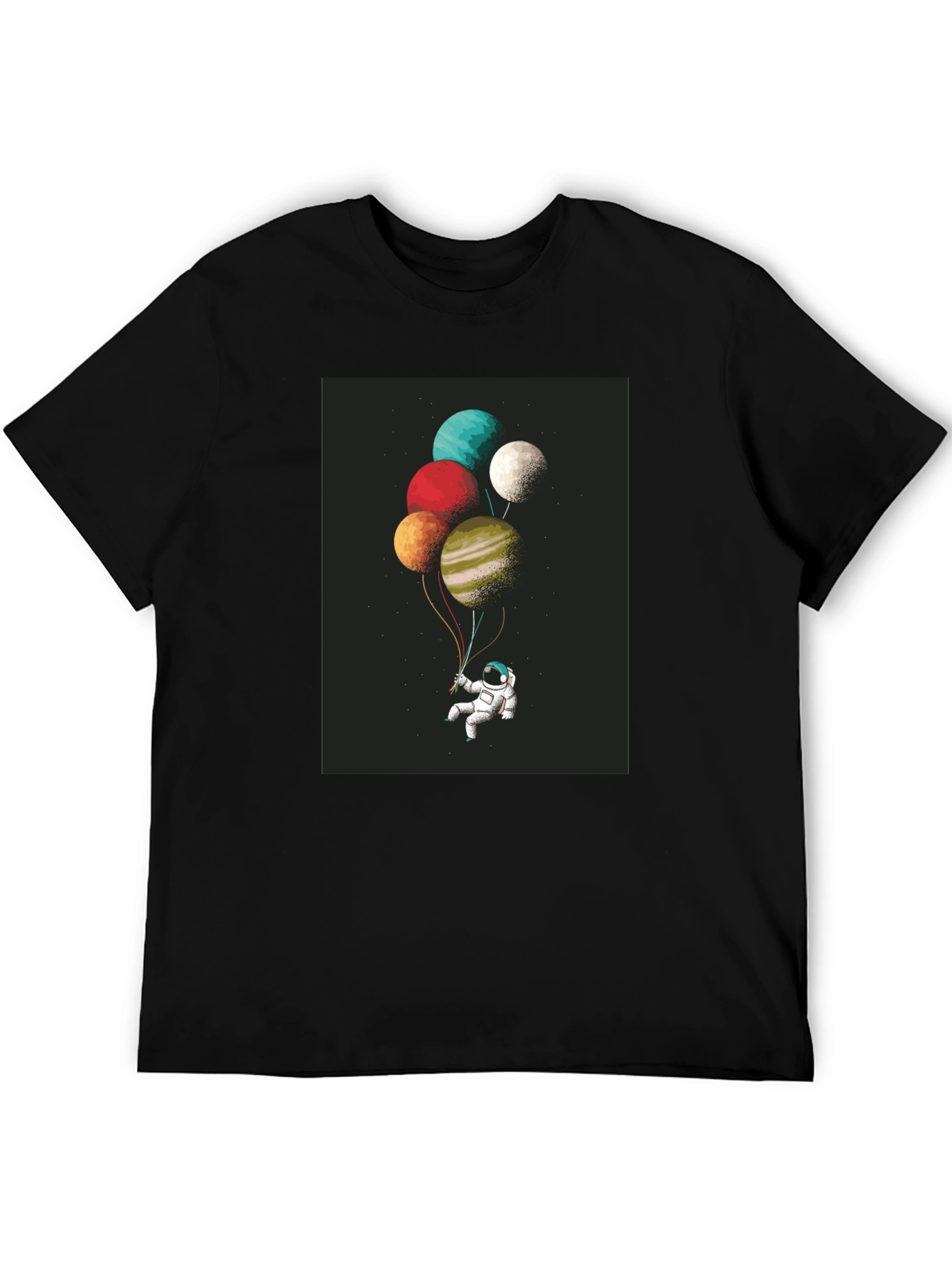 Astronaut Planet Balloons Graphic Tee - Black Cotton Blend