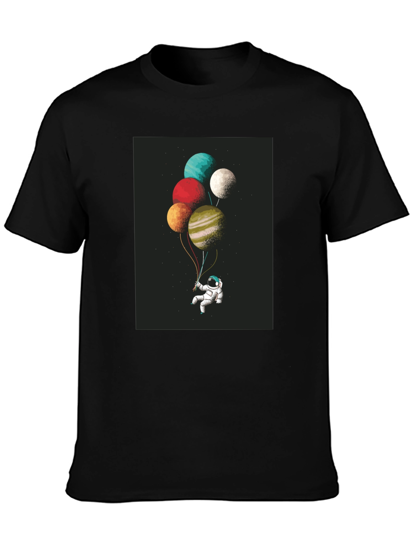 Astronaut Planet Balloons Graphic Tee - Black Cotton Blend