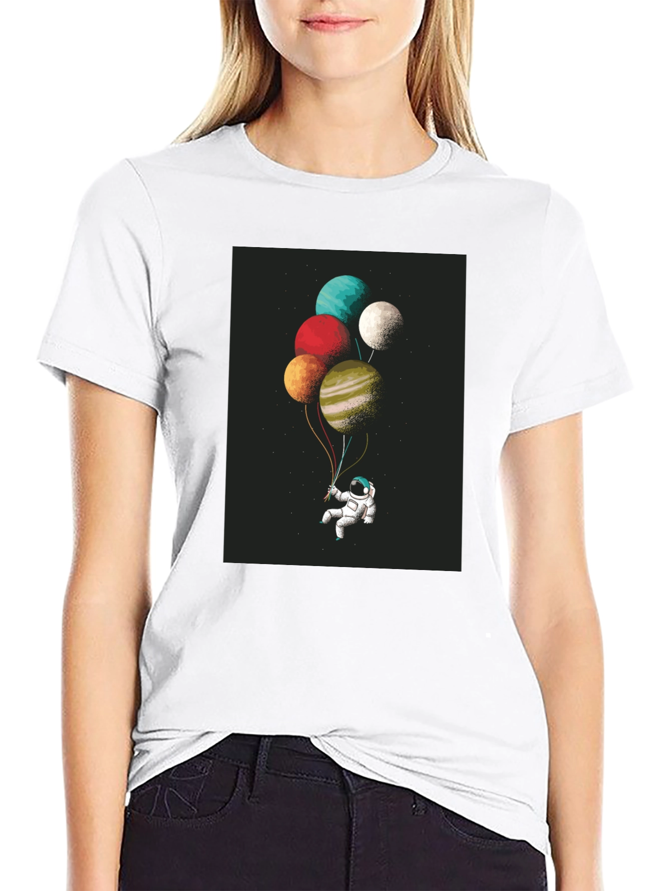 Astronaut Planet Balloons Graphic Tee - Black Cotton Blend