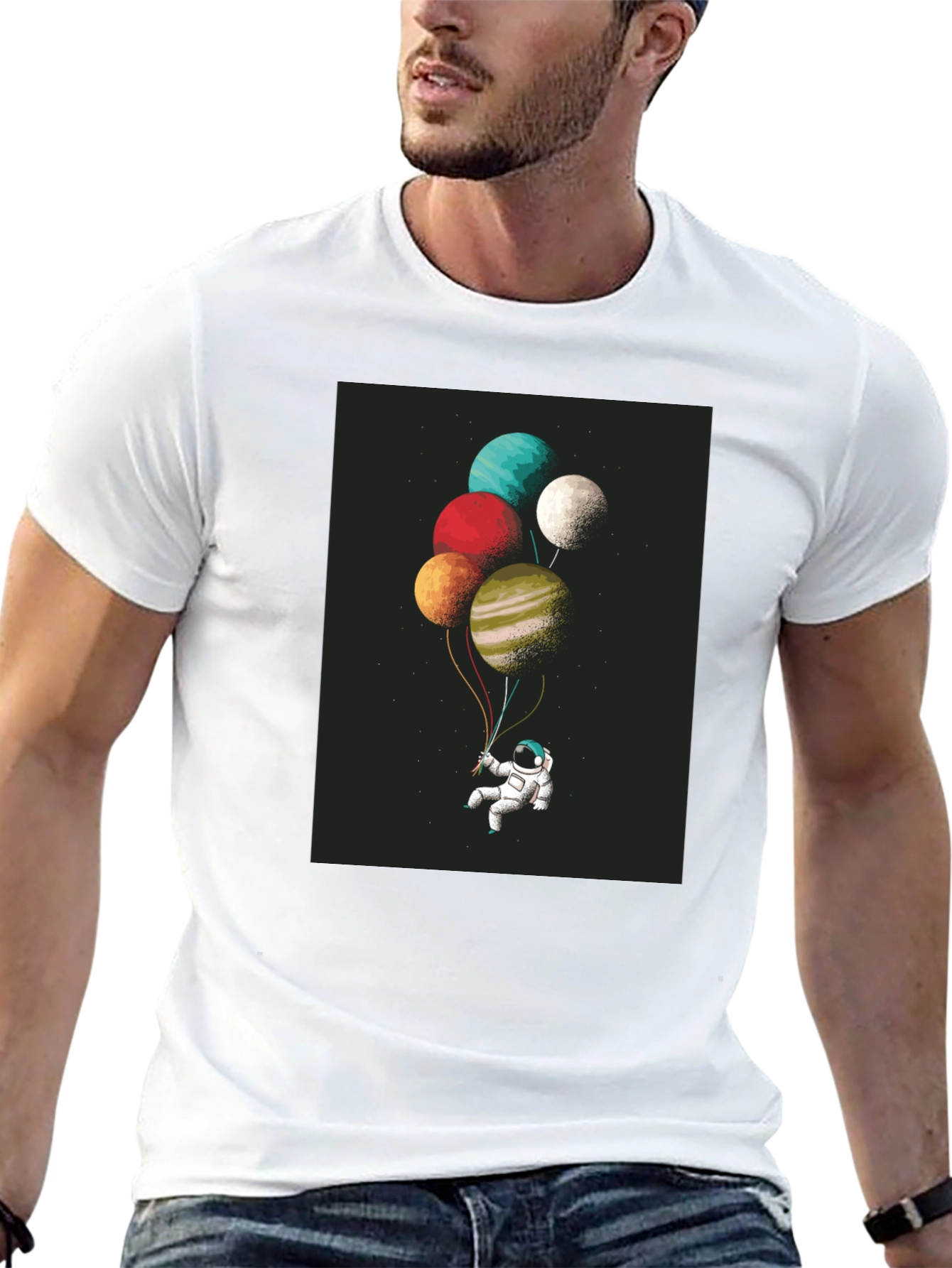 Astronaut Planet Balloons Graphic Tee - Black Cotton Blend