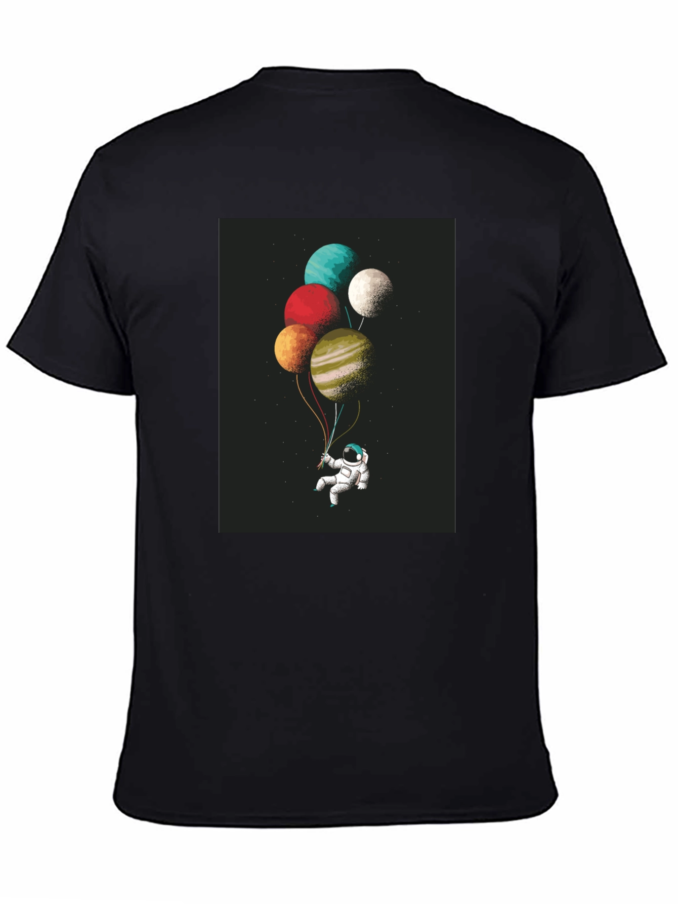 Astronaut Planet Balloons Graphic Tee - Black Cotton Blend