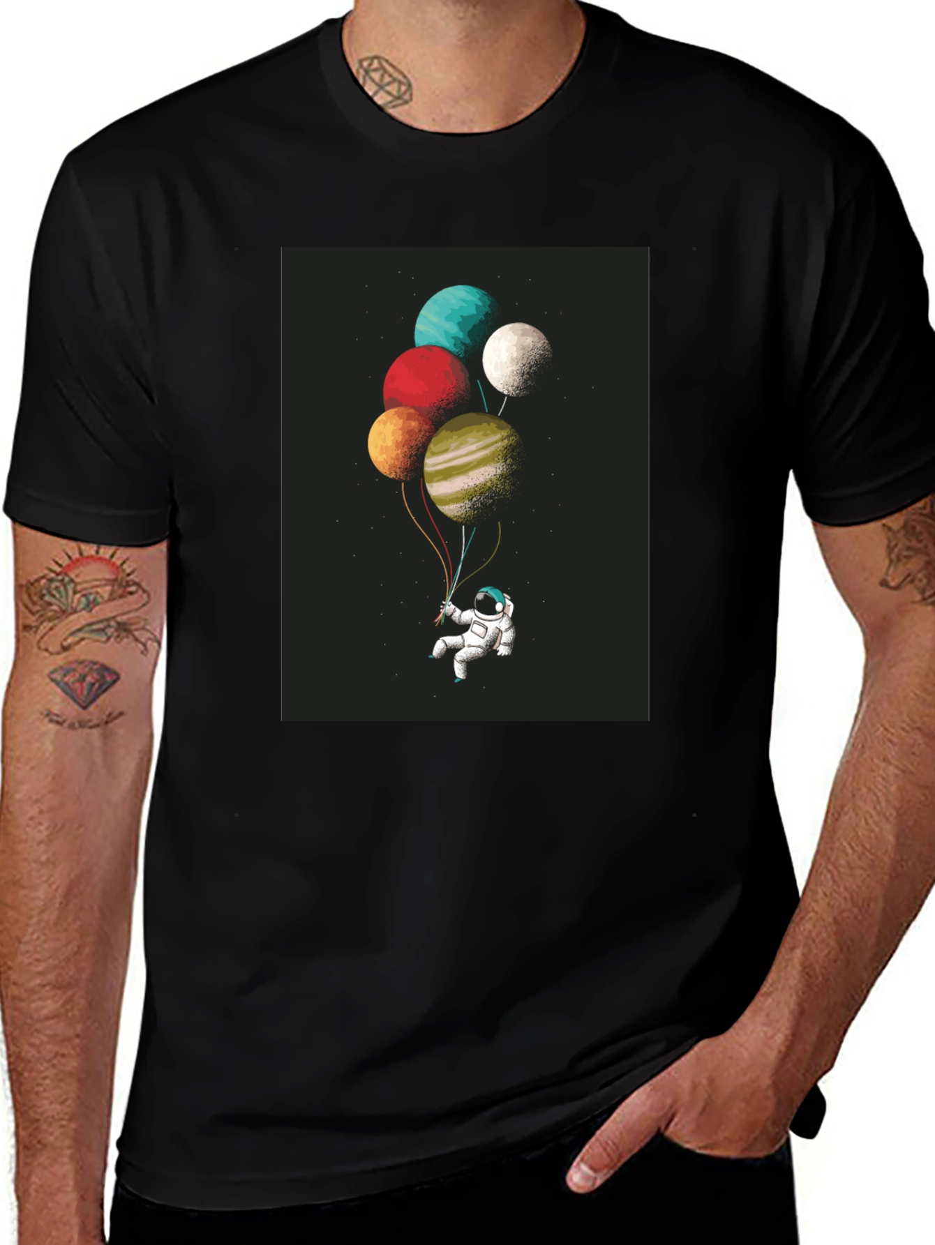 Astronaut Planet Balloons Graphic Tee - Black Cotton Blend
