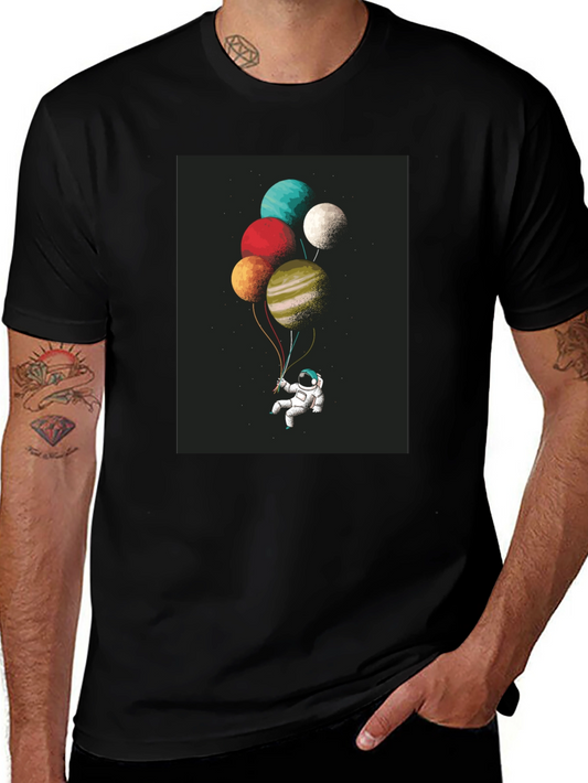 Astronaut Planet Balloons Graphic Tee - Black Cotton Blend
