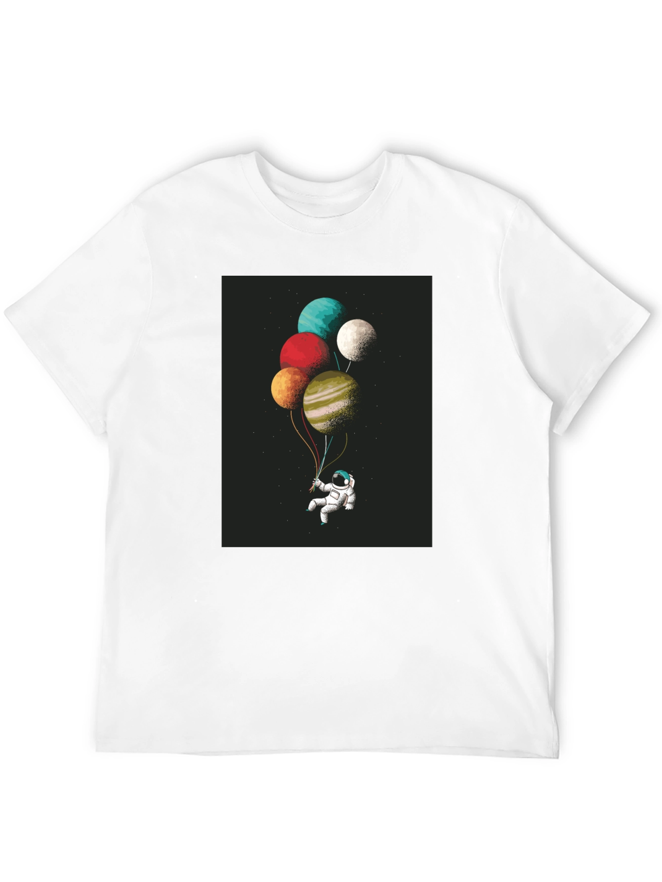 Astronaut Planet Balloons Graphic Tee - Black Cotton Blend
