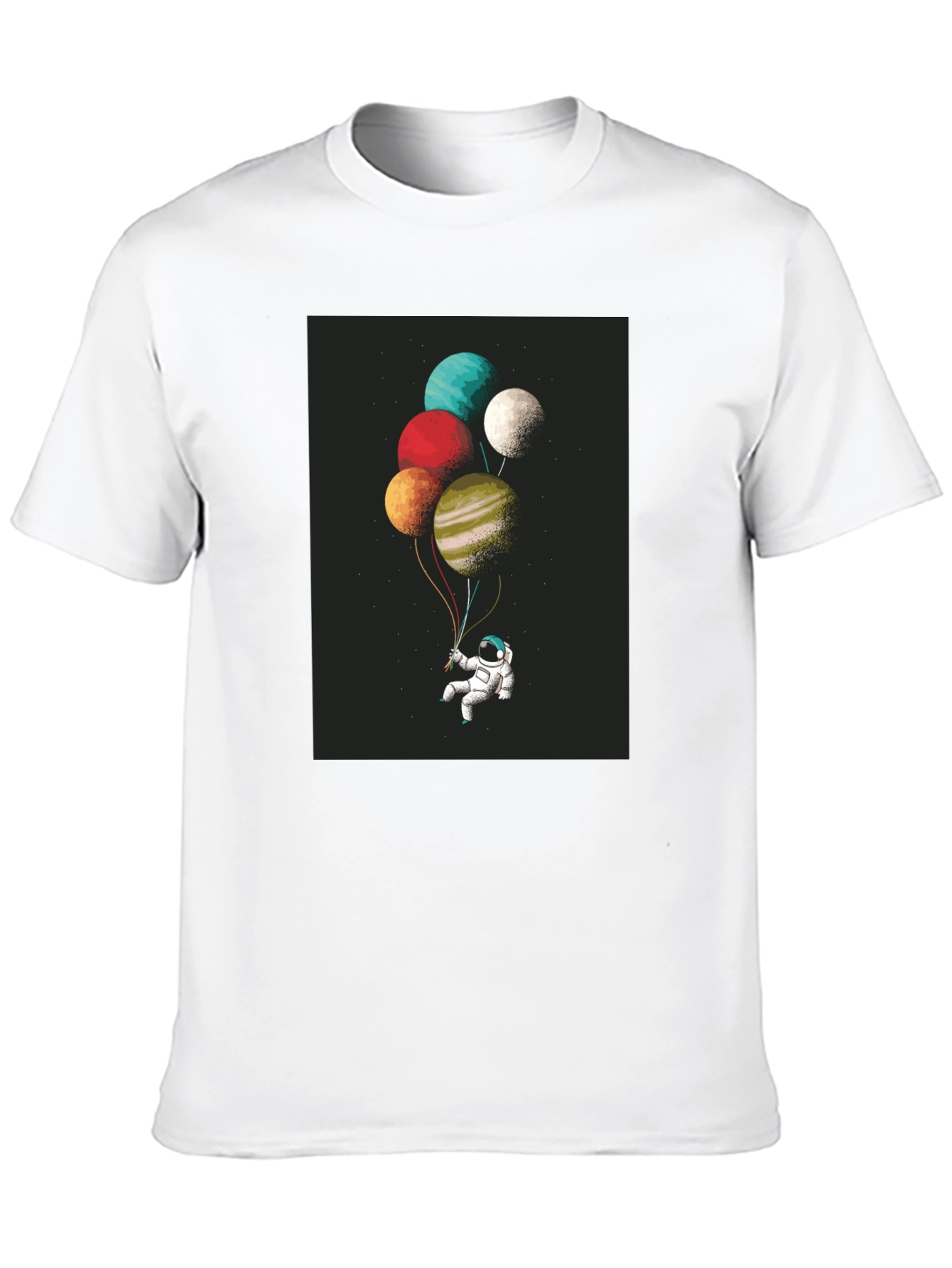 Astronaut Planet Balloons Graphic Tee - Black Cotton Blend