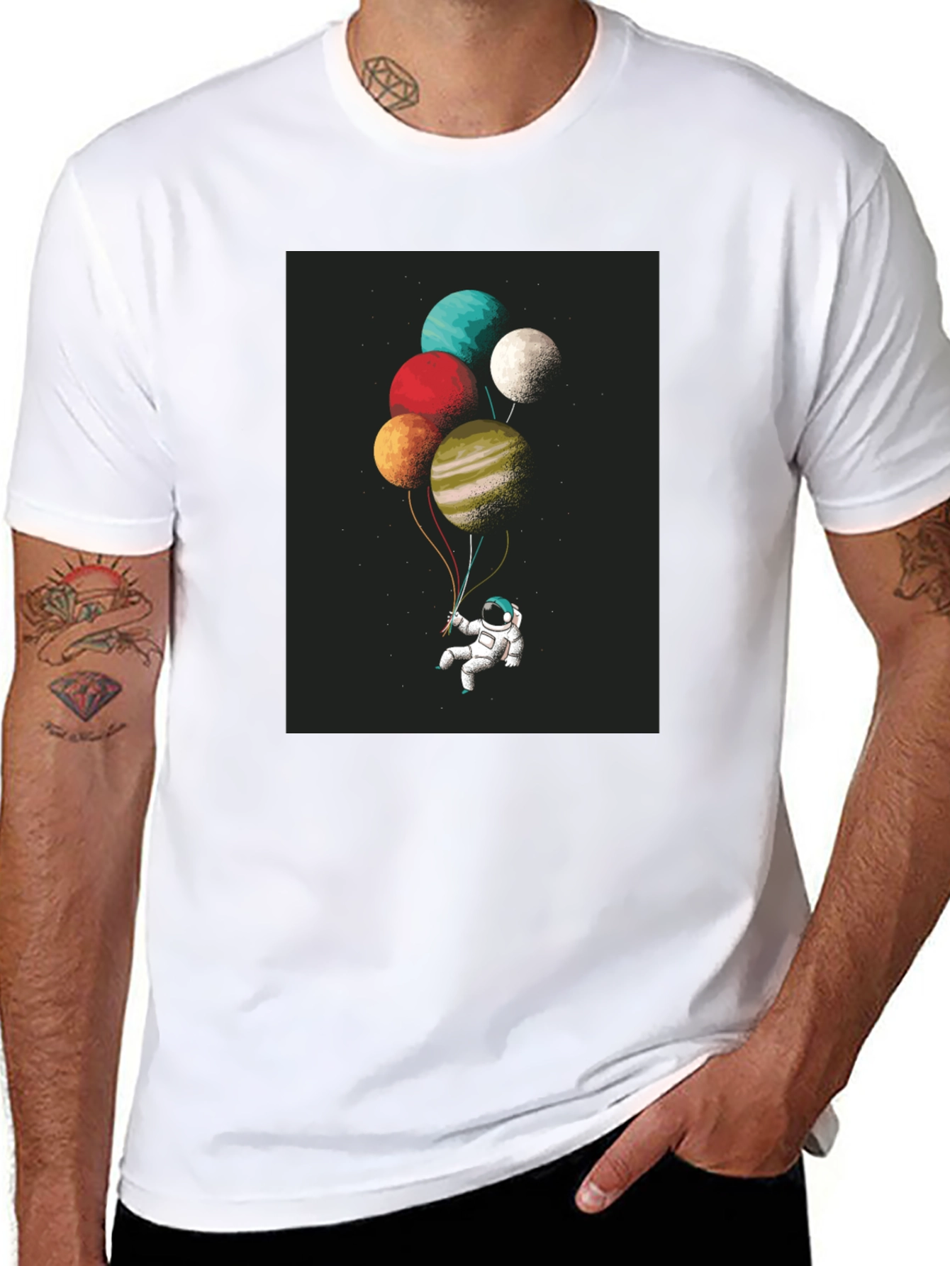 Astronaut Planet Balloons Graphic Tee - Black Cotton Blend