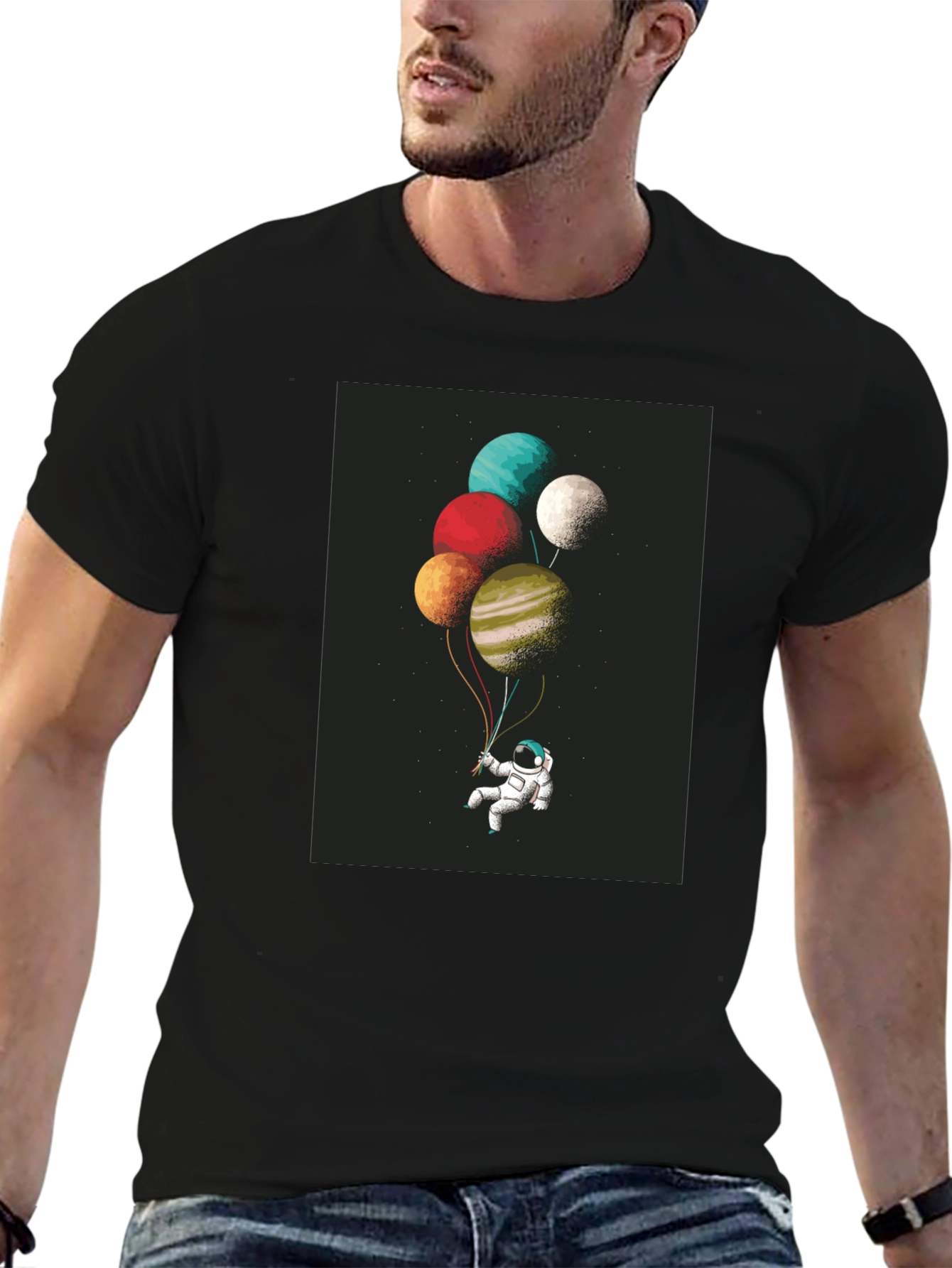 Astronaut Planet Balloons Graphic Tee - Black Cotton Blend