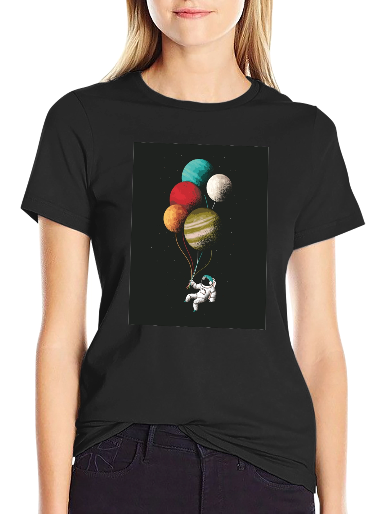 Astronaut Planet Balloons Graphic Tee - Black Cotton Blend