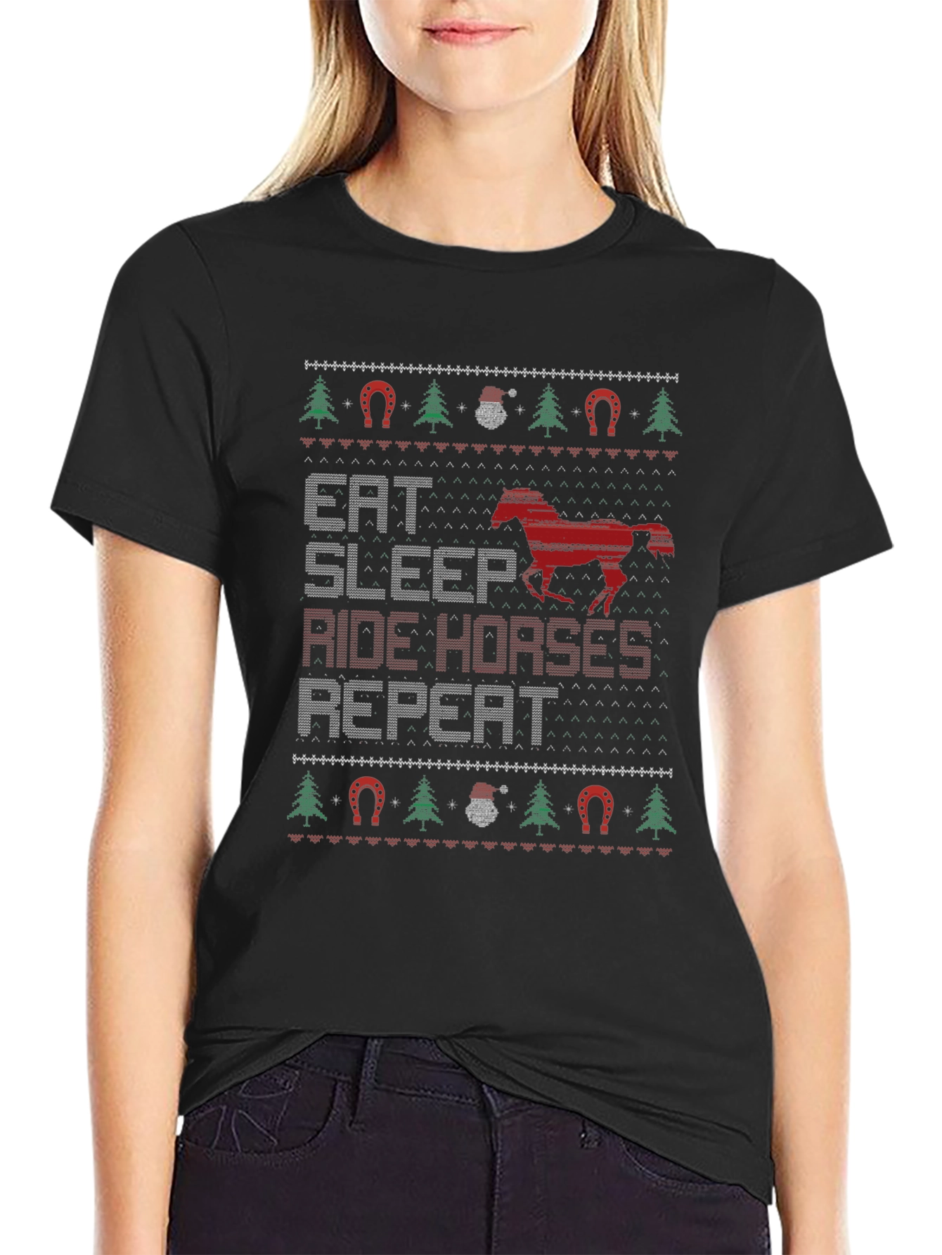 Eat Sleep Ride Horses Ugly Christmas T-Shirt