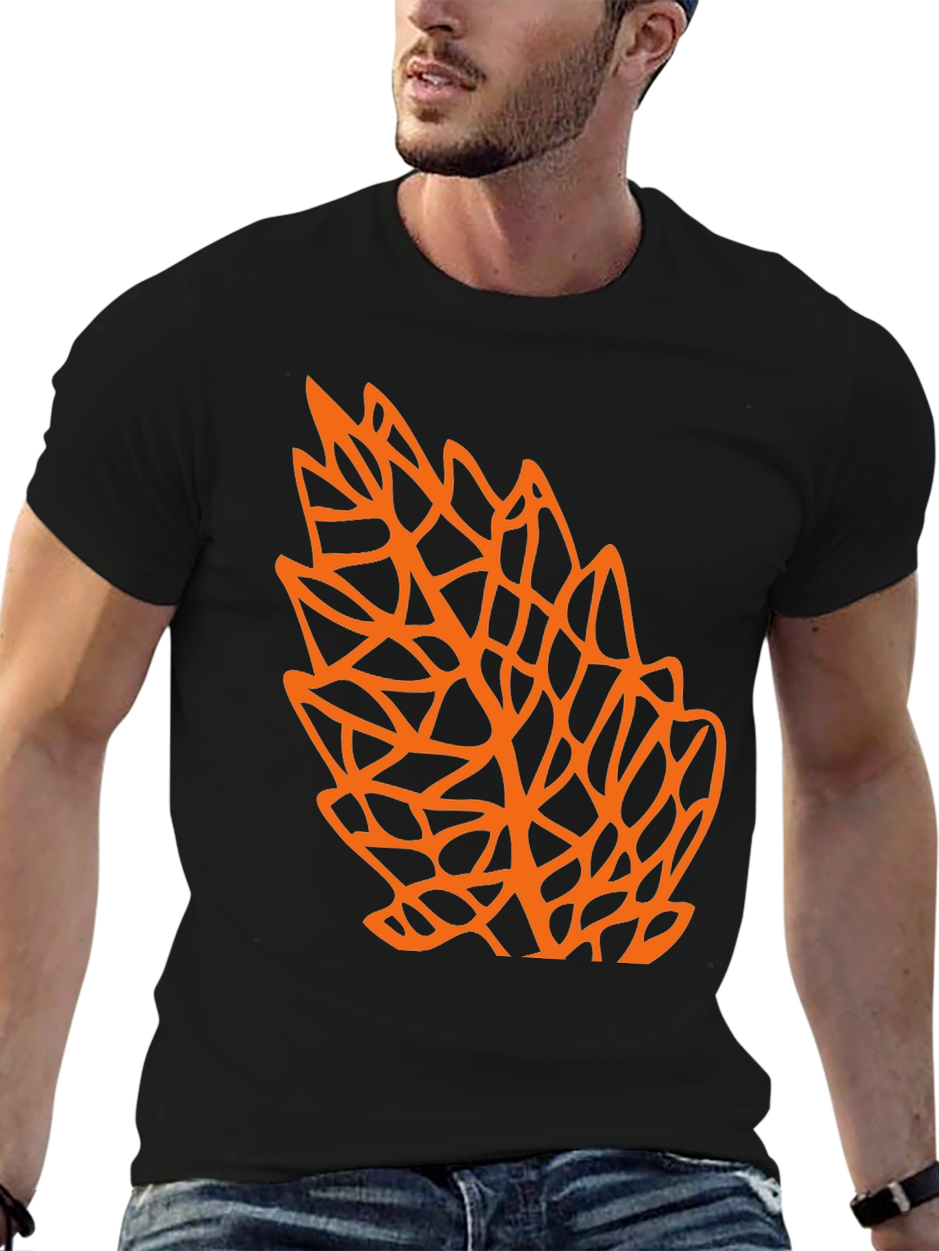 Geometric Orange Leaf Graphic Black T-Shirt