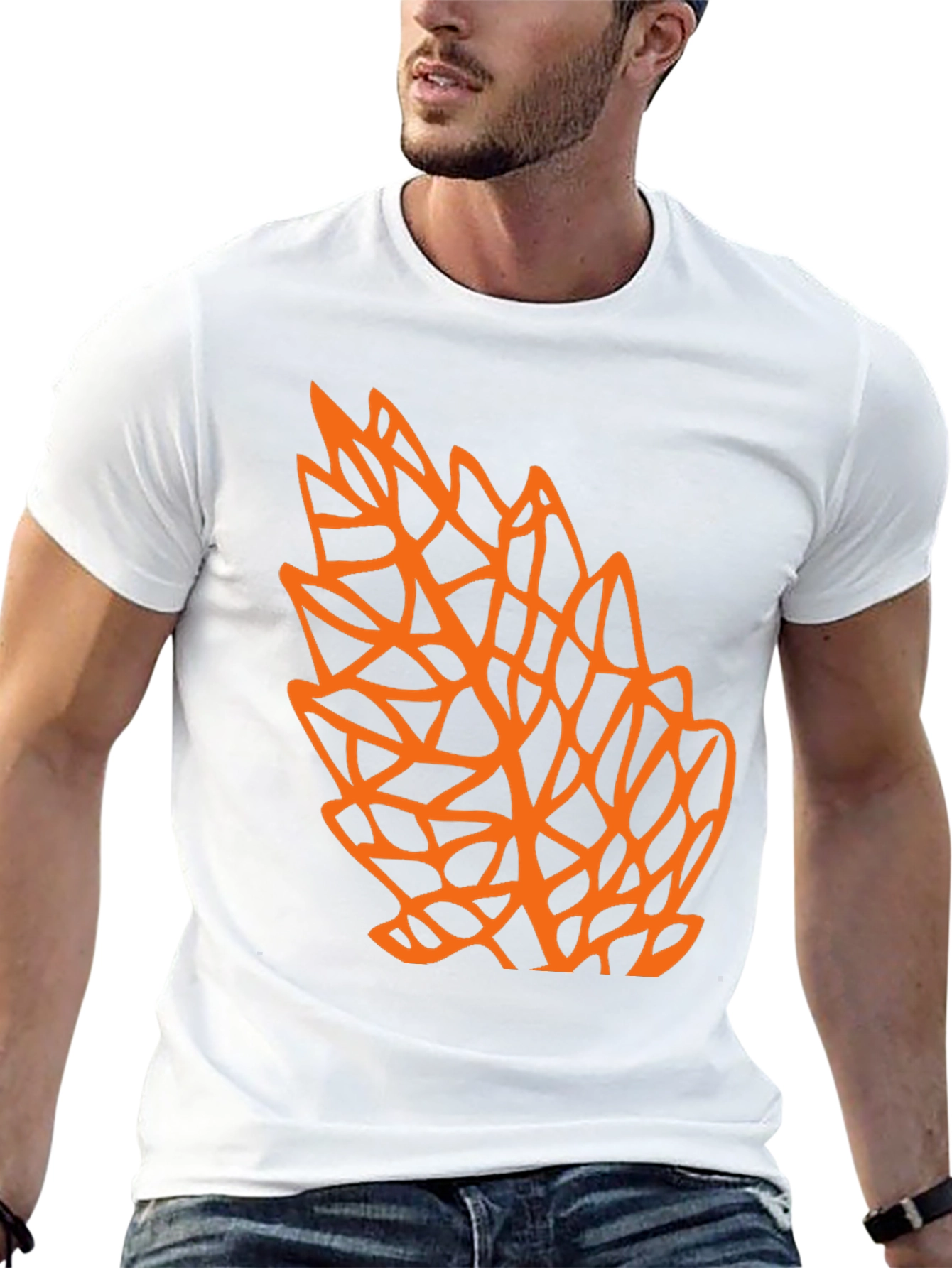 Geometric Orange Leaf Graphic Black T-Shirt
