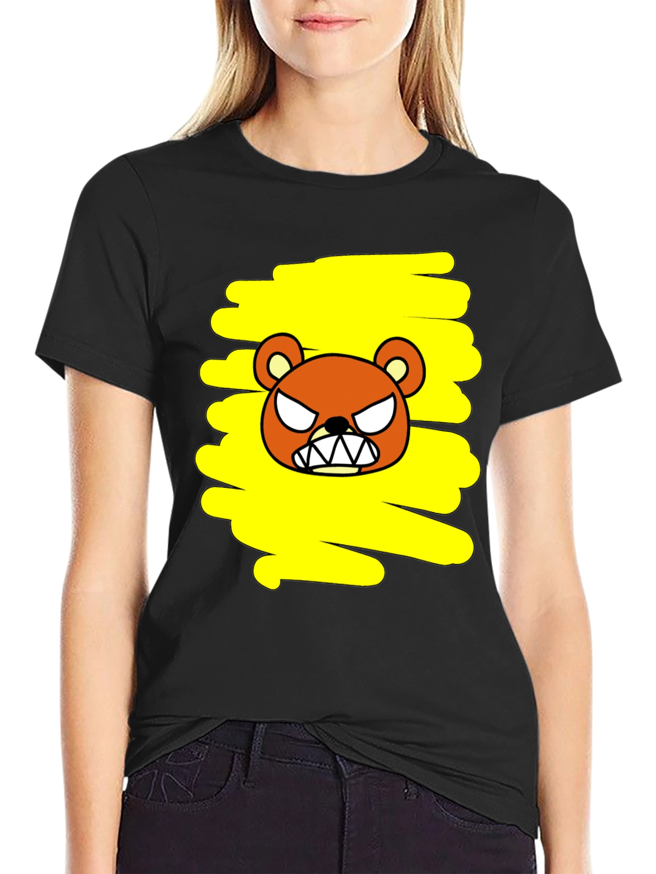 Grumpy Bear Graphic Tee - Black Cotton T-Shirt
