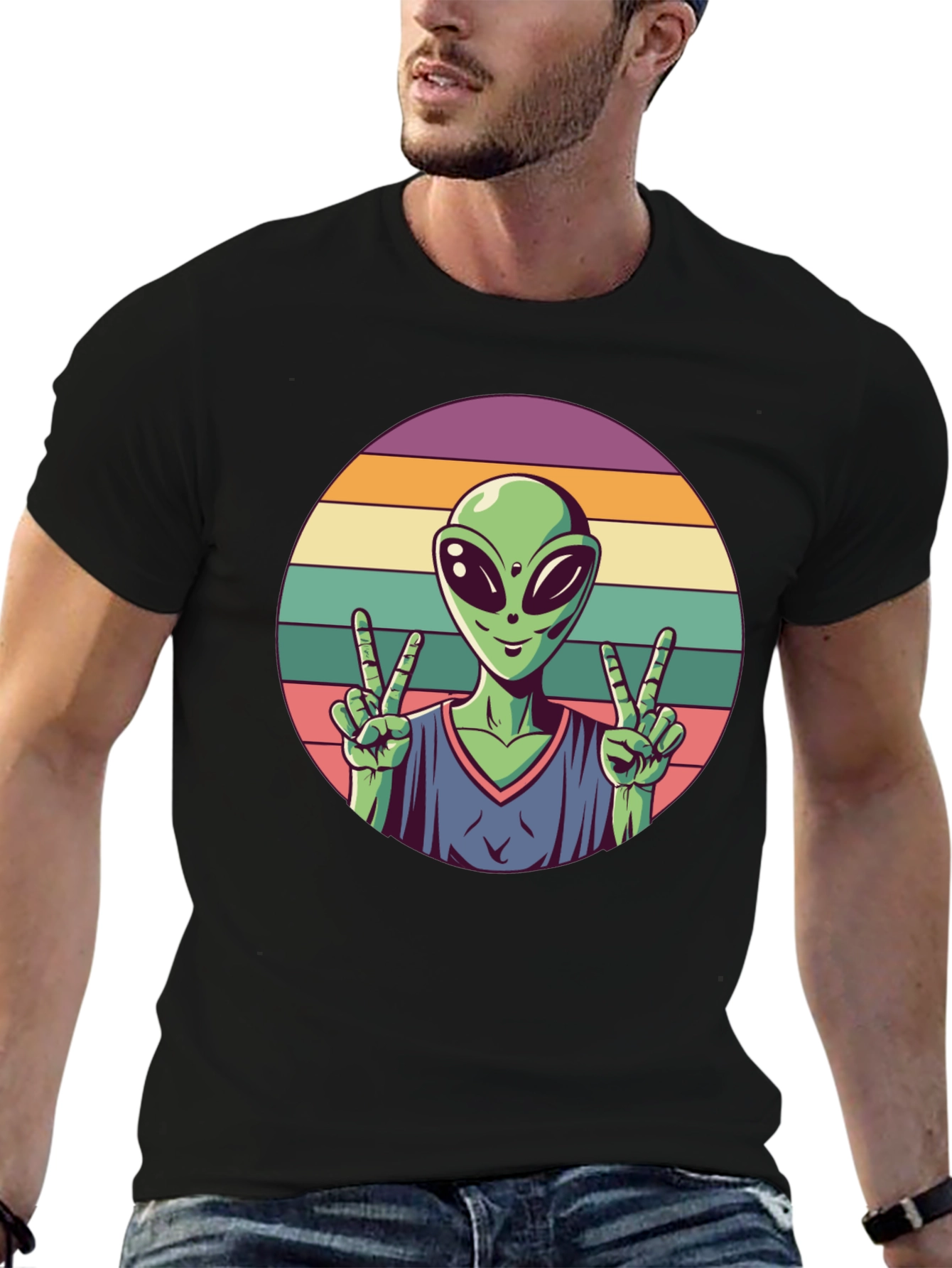 Retro Alien Peace Sign Graphic Tee