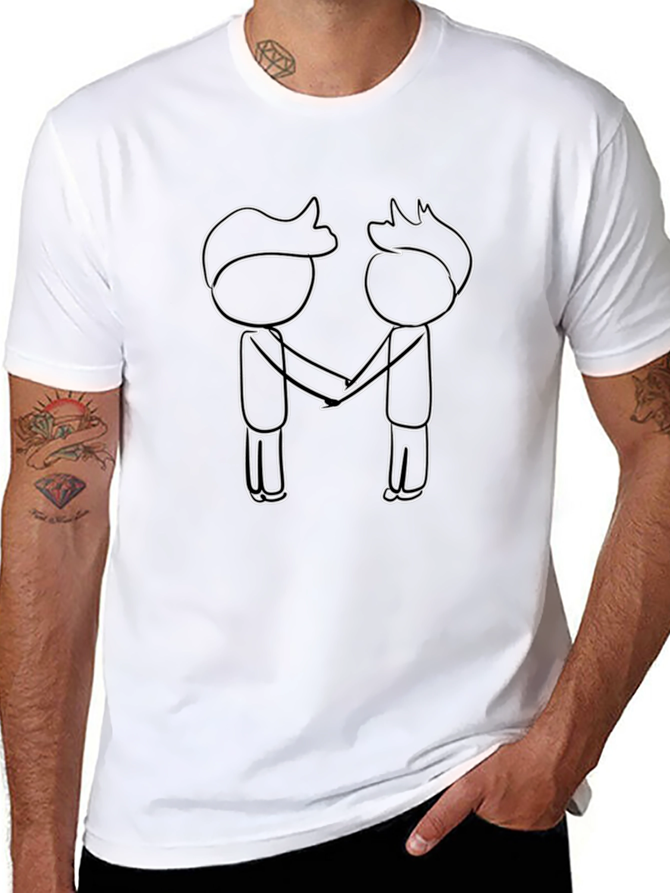 Black T-Shirt with Stick Figure Handshake Design