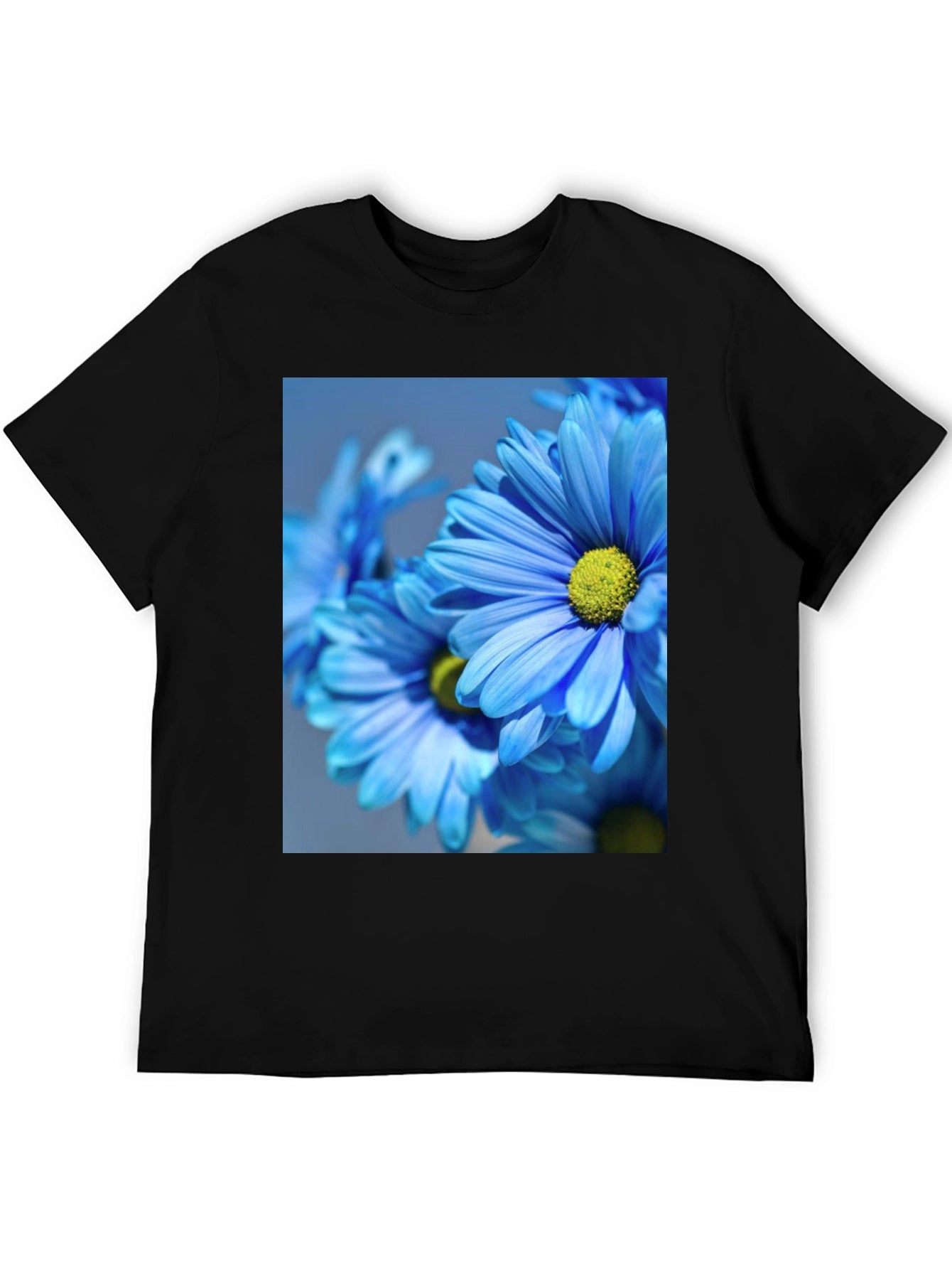 Floral Black T-Shirt: Blue Daisy Design