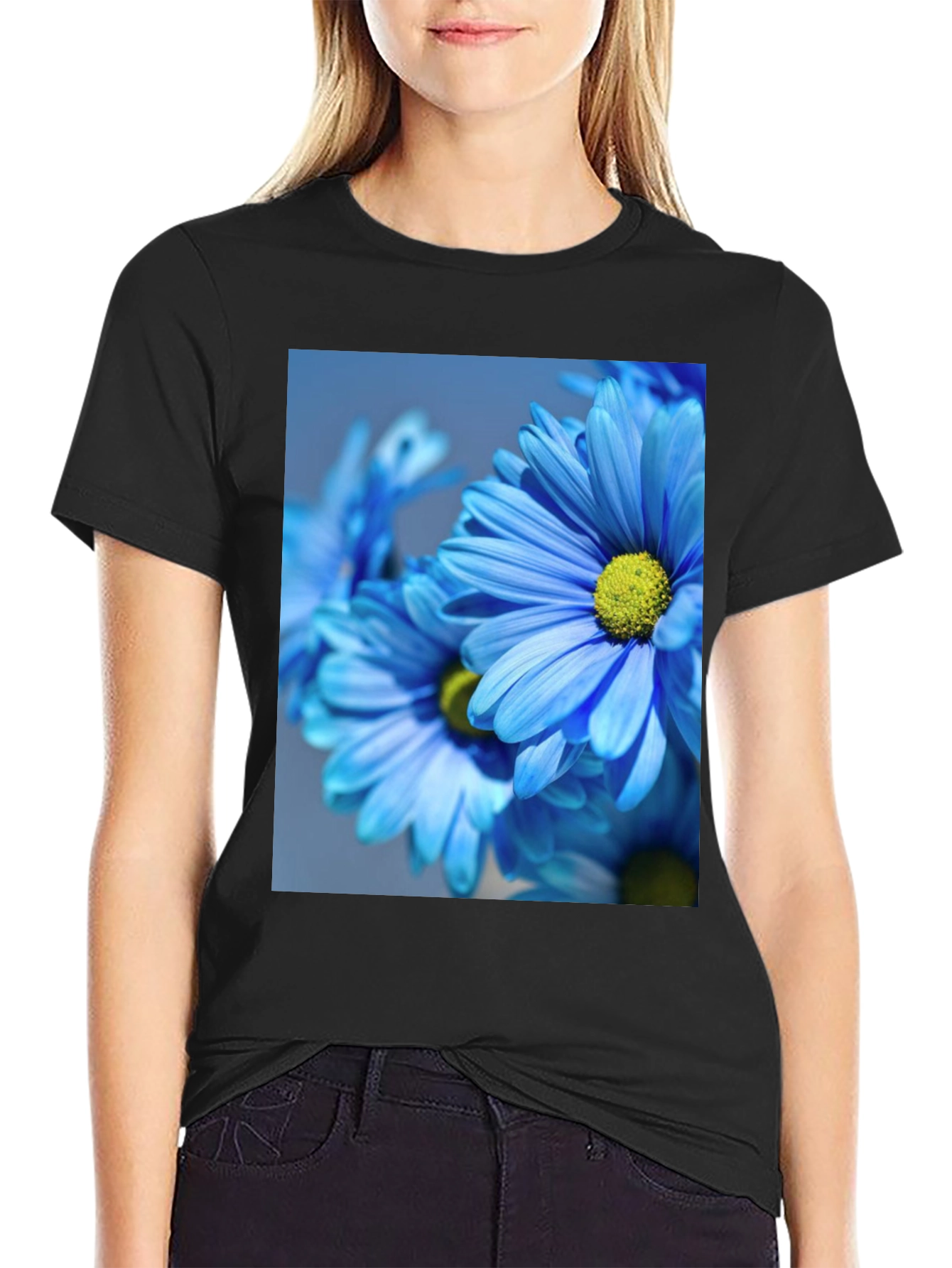 Floral Black T-Shirt: Blue Daisy Design