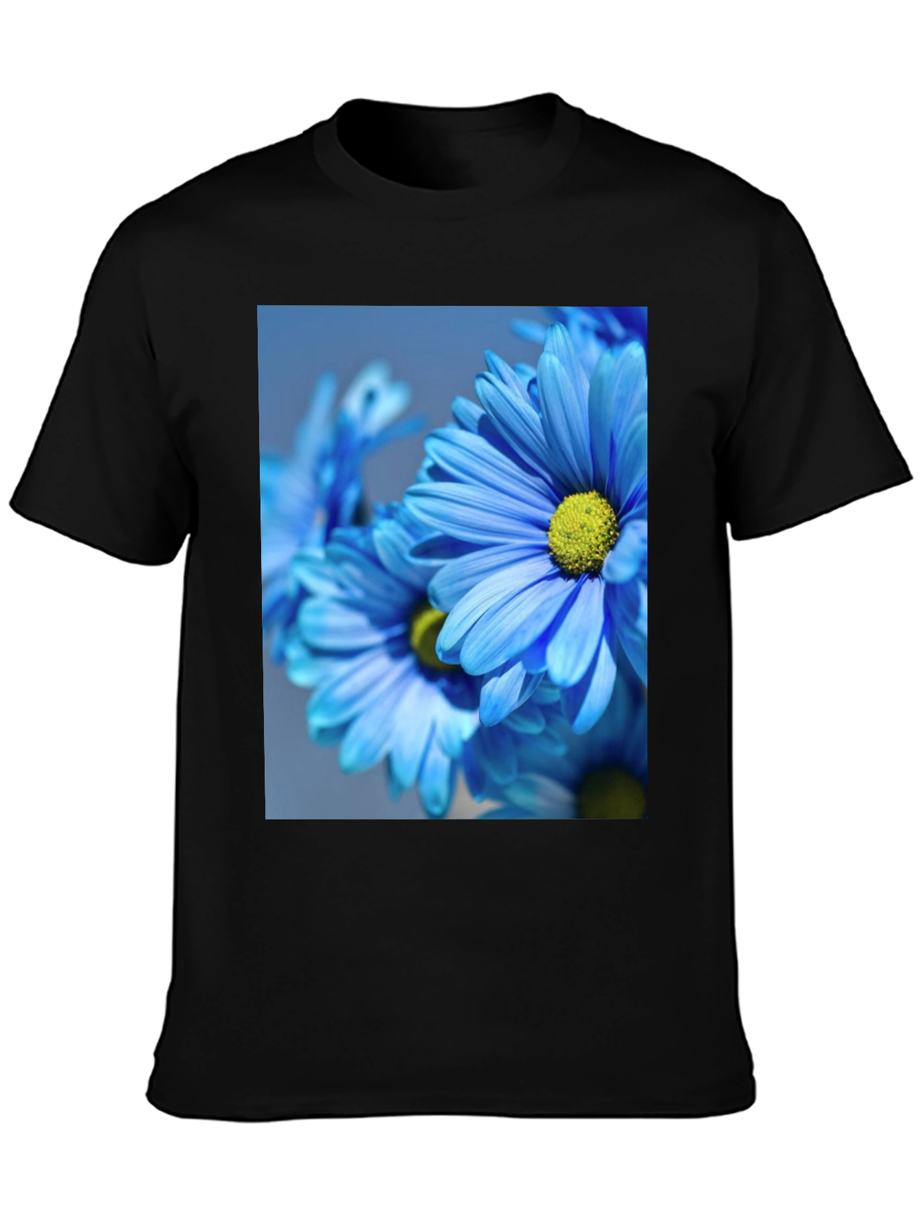 Floral Black T-Shirt: Blue Daisy Design
