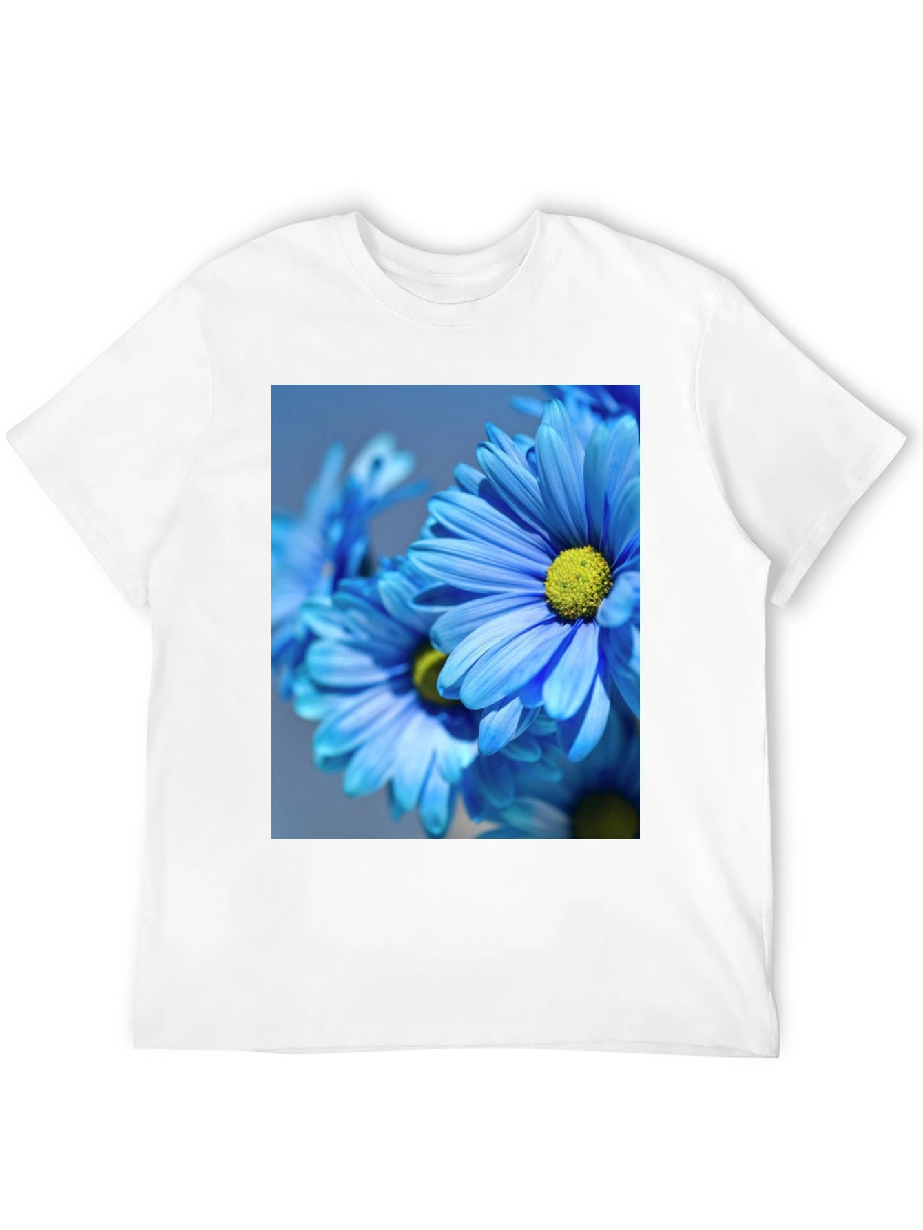 Floral Black T-Shirt: Blue Daisy Design