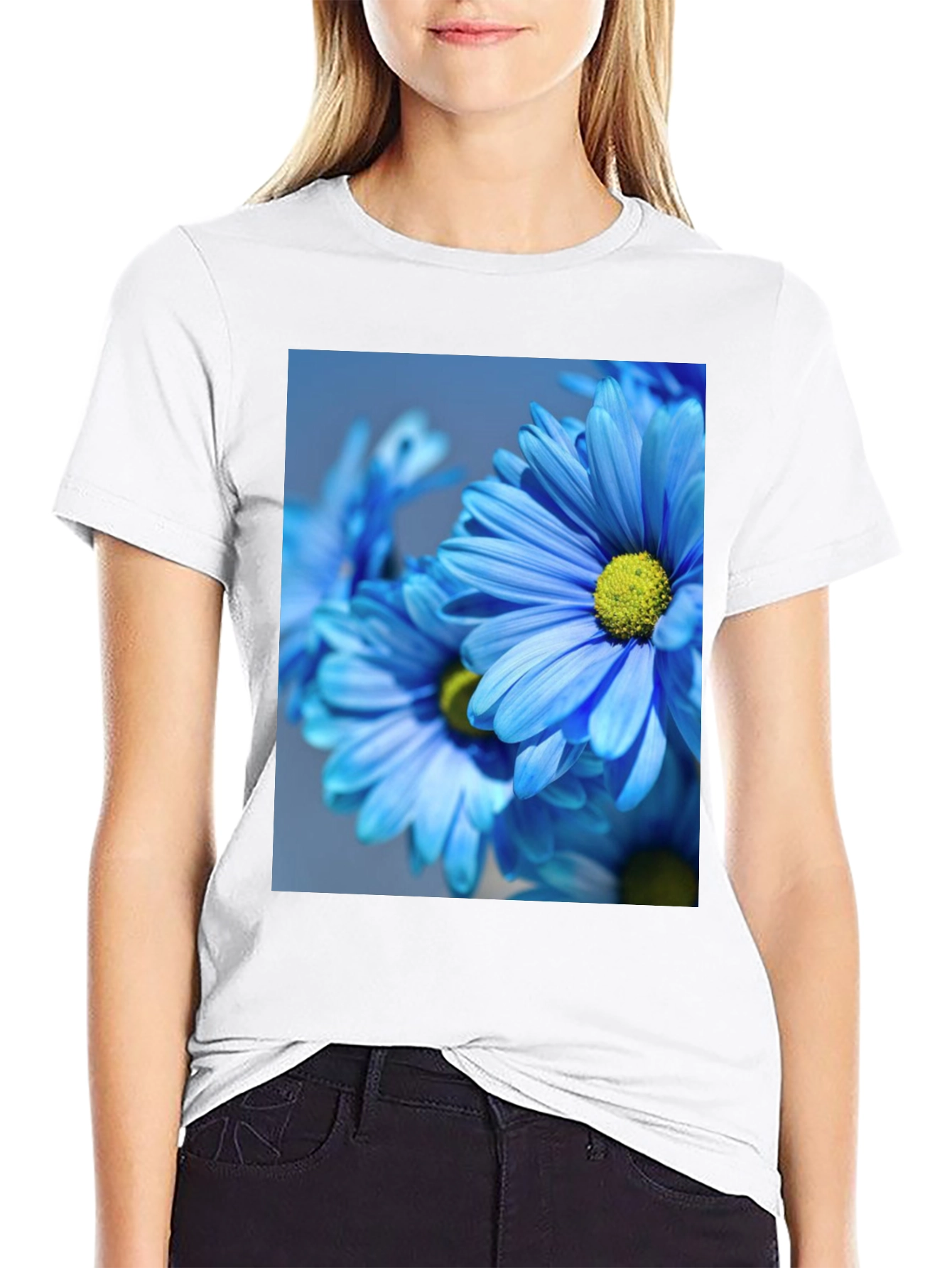 Floral Black T-Shirt: Blue Daisy Design