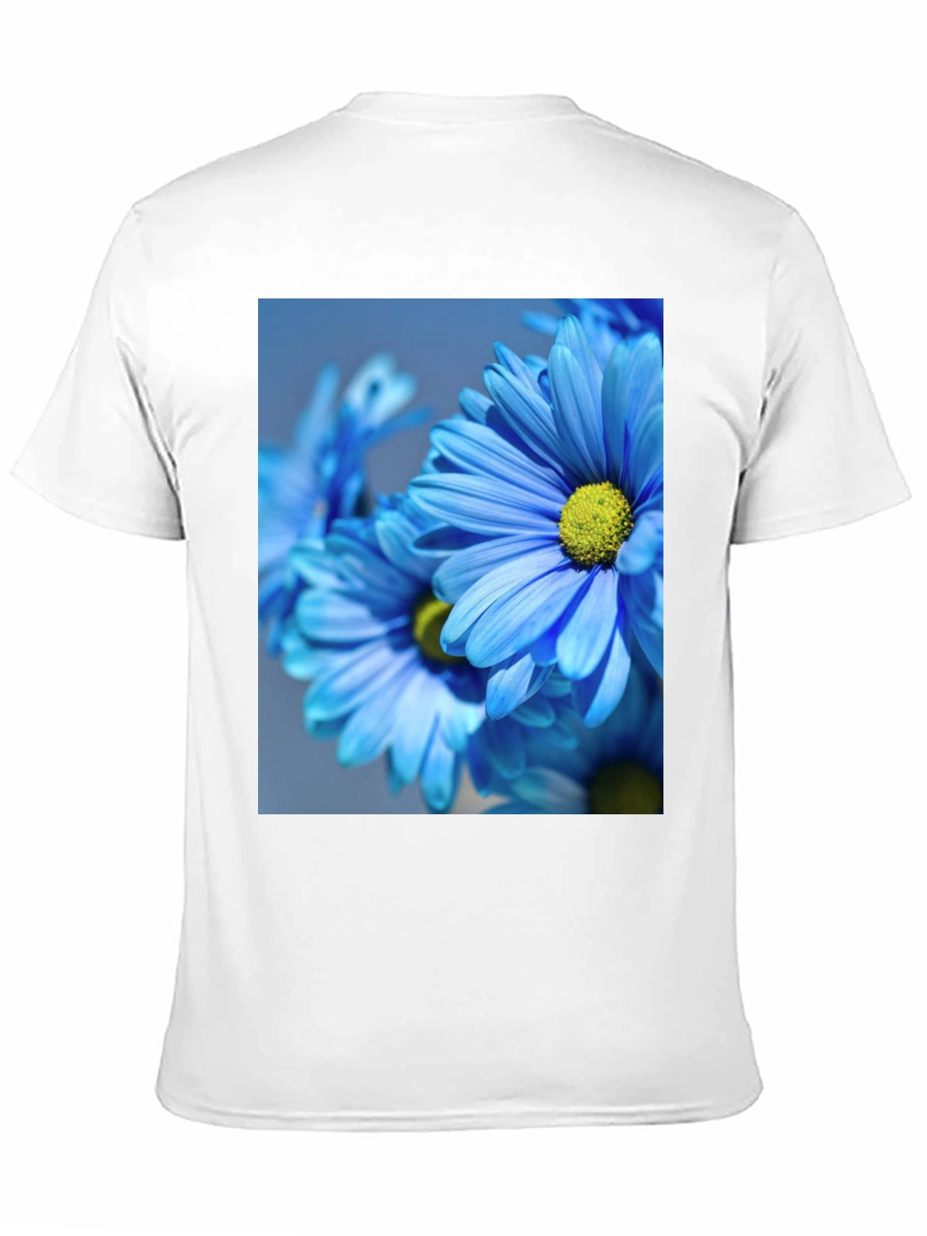 Floral Black T-Shirt: Blue Daisy Design