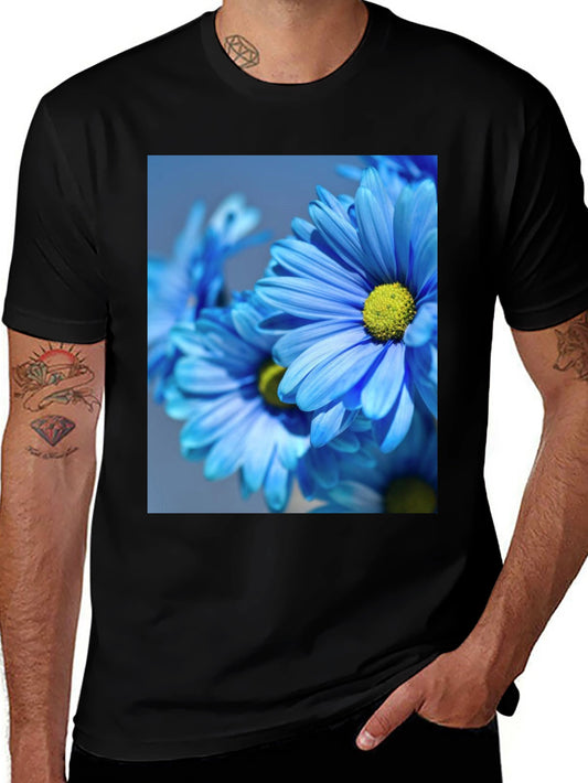 Floral Black T-Shirt: Blue Daisy Design