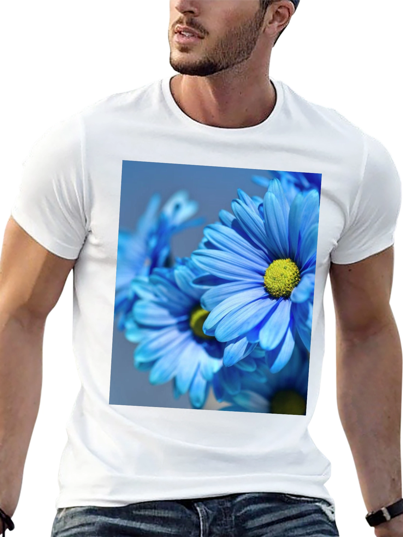 Floral Black T-Shirt: Blue Daisy Design
