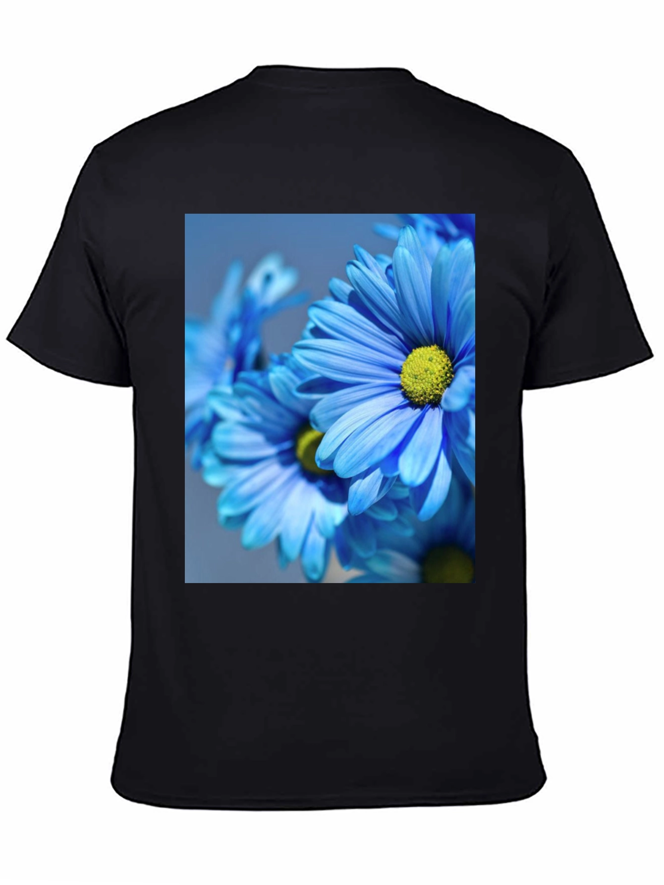 Floral Black T-Shirt: Blue Daisy Design