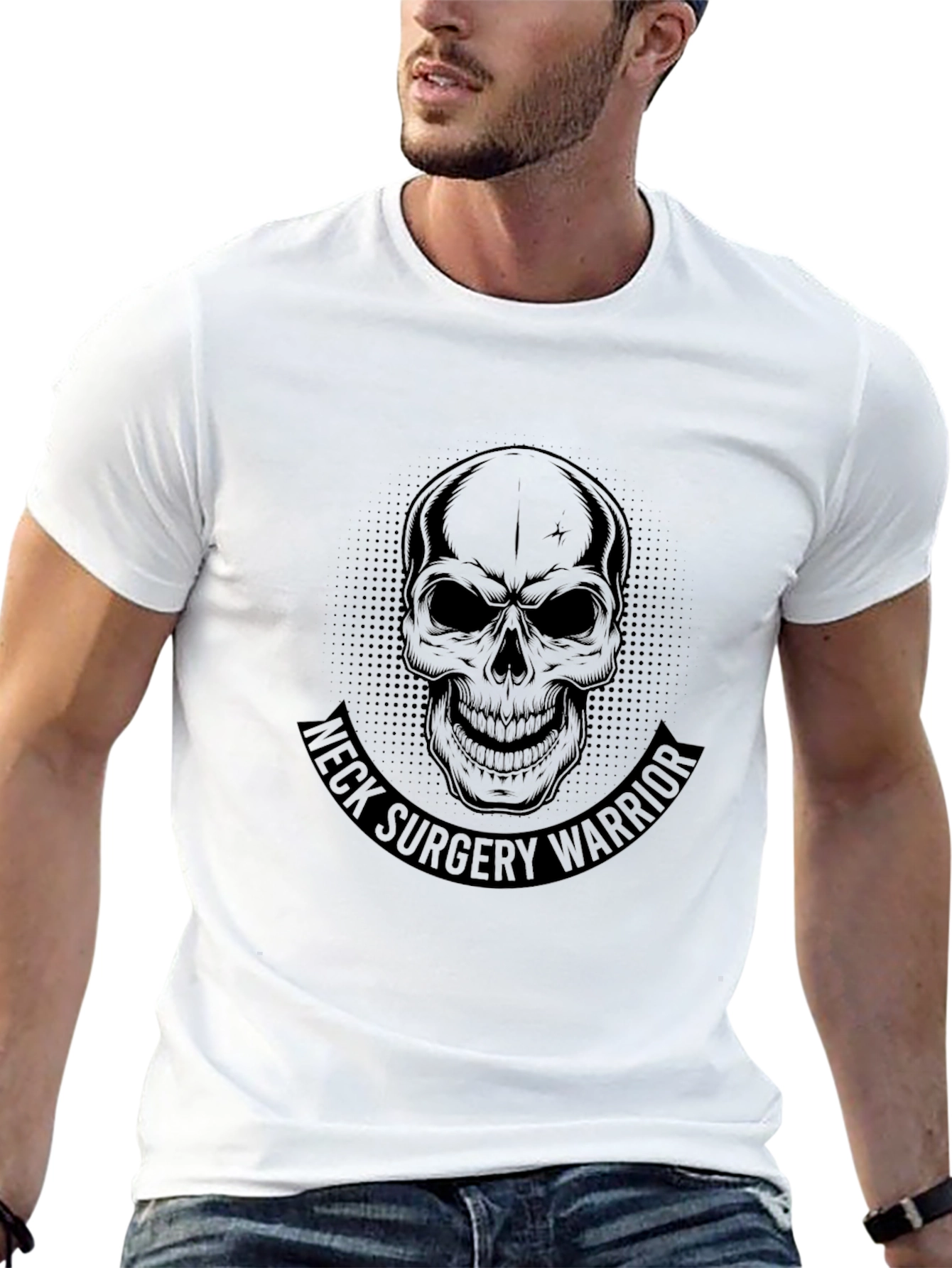 Neck Surgery Warrior Skull Graphic Black T-Shirt