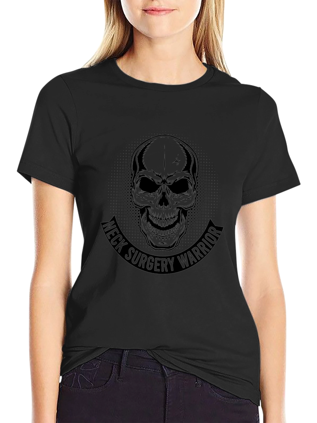 Neck Surgery Warrior Skull Graphic Black T-Shirt