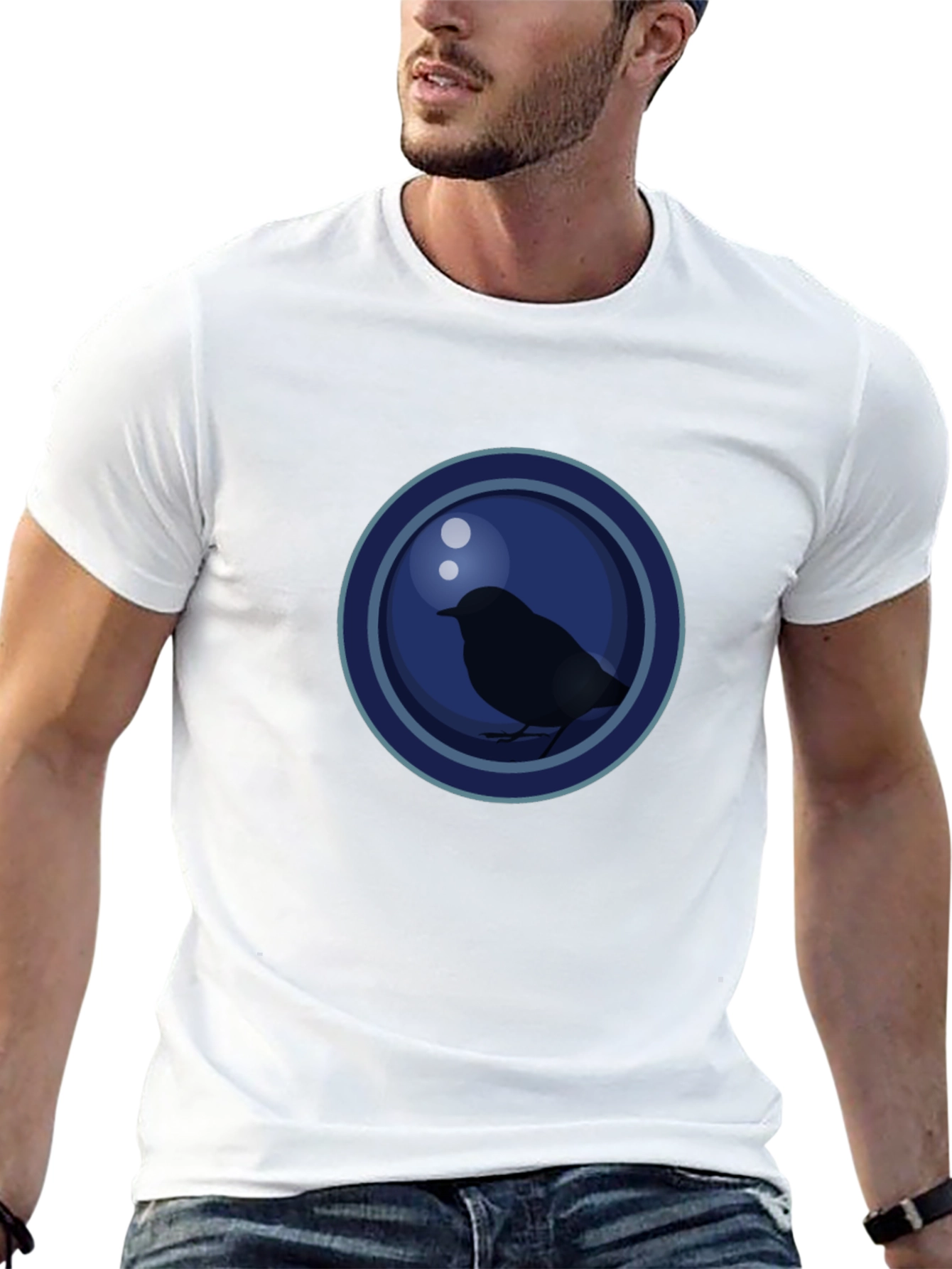 Stylish Bird Graphic T-Shirt - Dark Blue Circle Design