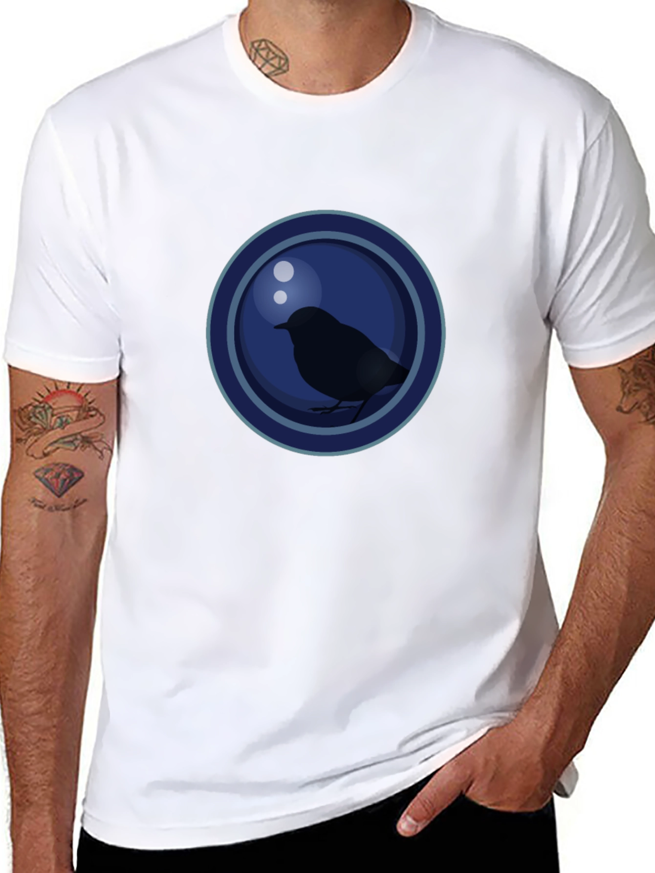 Stylish Bird Graphic T-Shirt - Dark Blue Circle Design