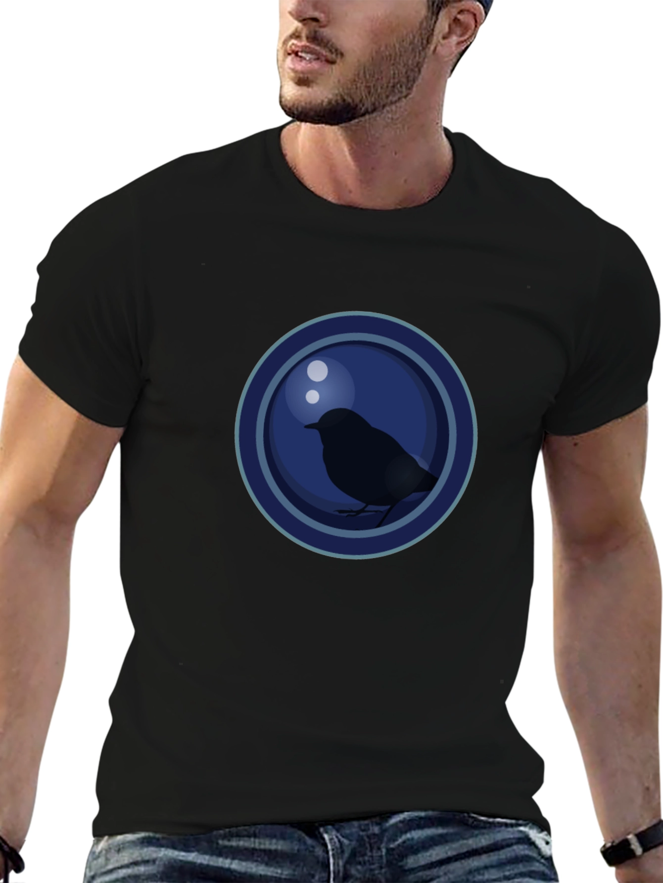 Stylish Bird Graphic T-Shirt - Dark Blue Circle Design